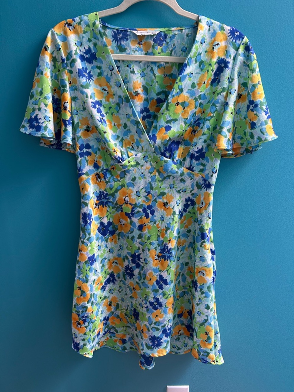Stradivarius Floral Mini Dress in Blue, Yellow & Green